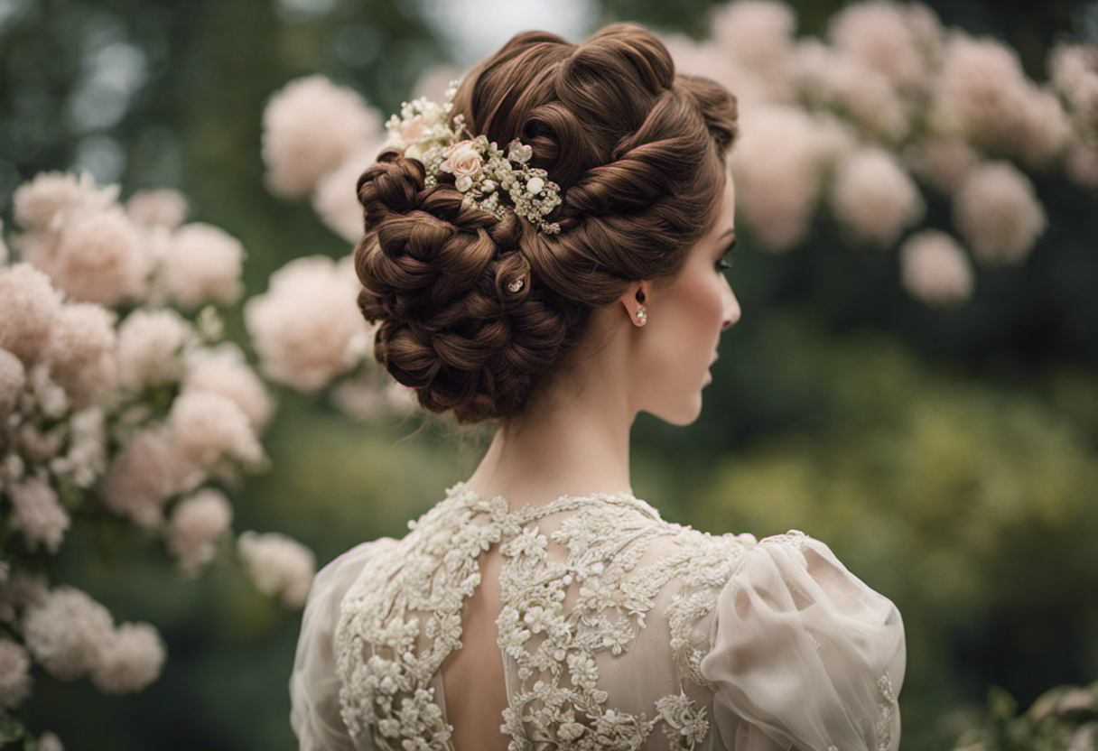 An image showcasing the exquisite hairstyles of Victorian era: intricate updos adorned with delicate flowers, cascading curls held in place with ornate combs, and intricately braided and twisted hairpieces exuding elegance and sophistication of the 19th century