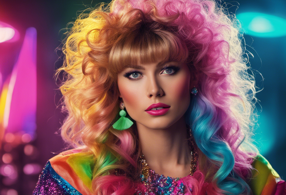An image showcasing the iconic hairstyles of 1980s: voluminous permed hair with bangs, crimped locks, and neon-colored scrunchies