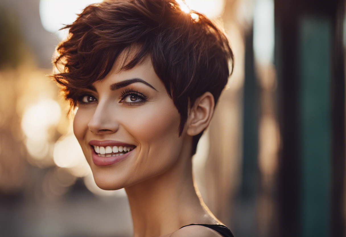 An image showcasing a confident woman with a Pixie haircut, exuding style and personality