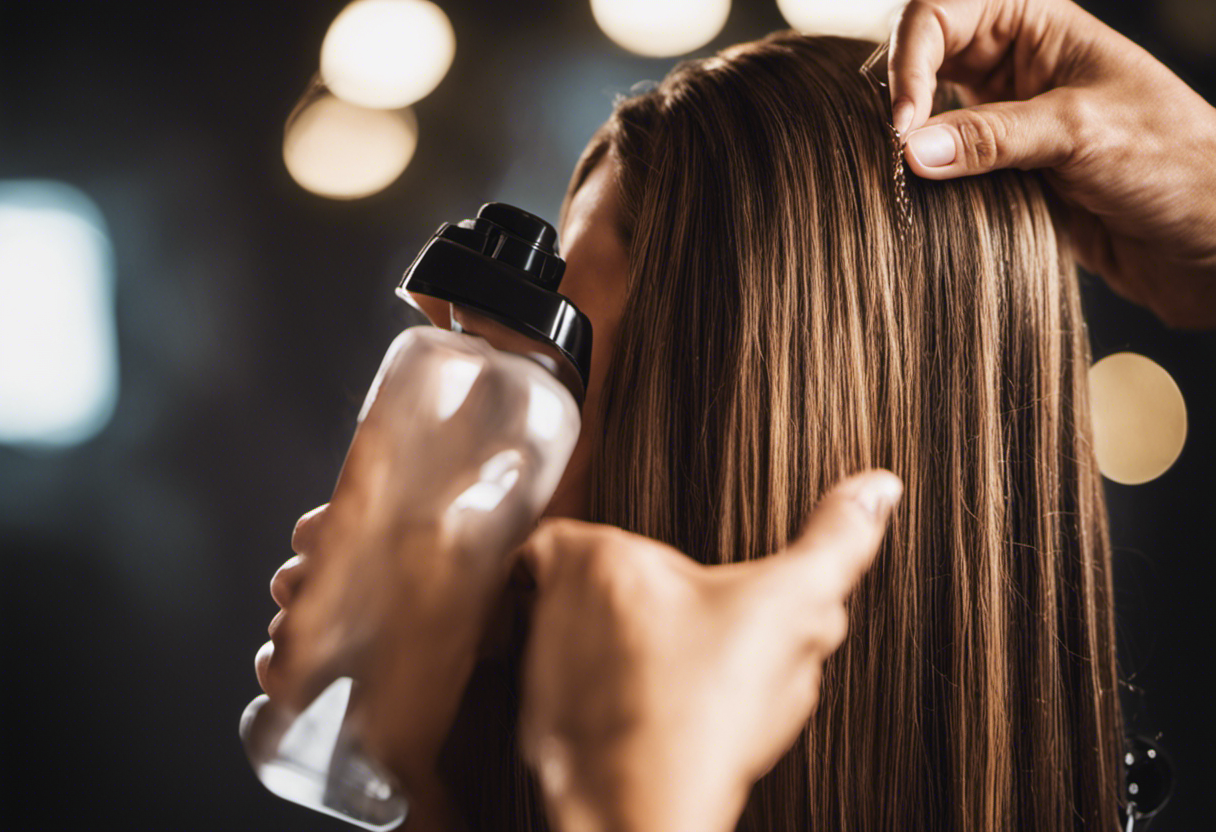 An image showcasing a woman spraying a thermal protector onto her hair, then leaving it in without rinsing