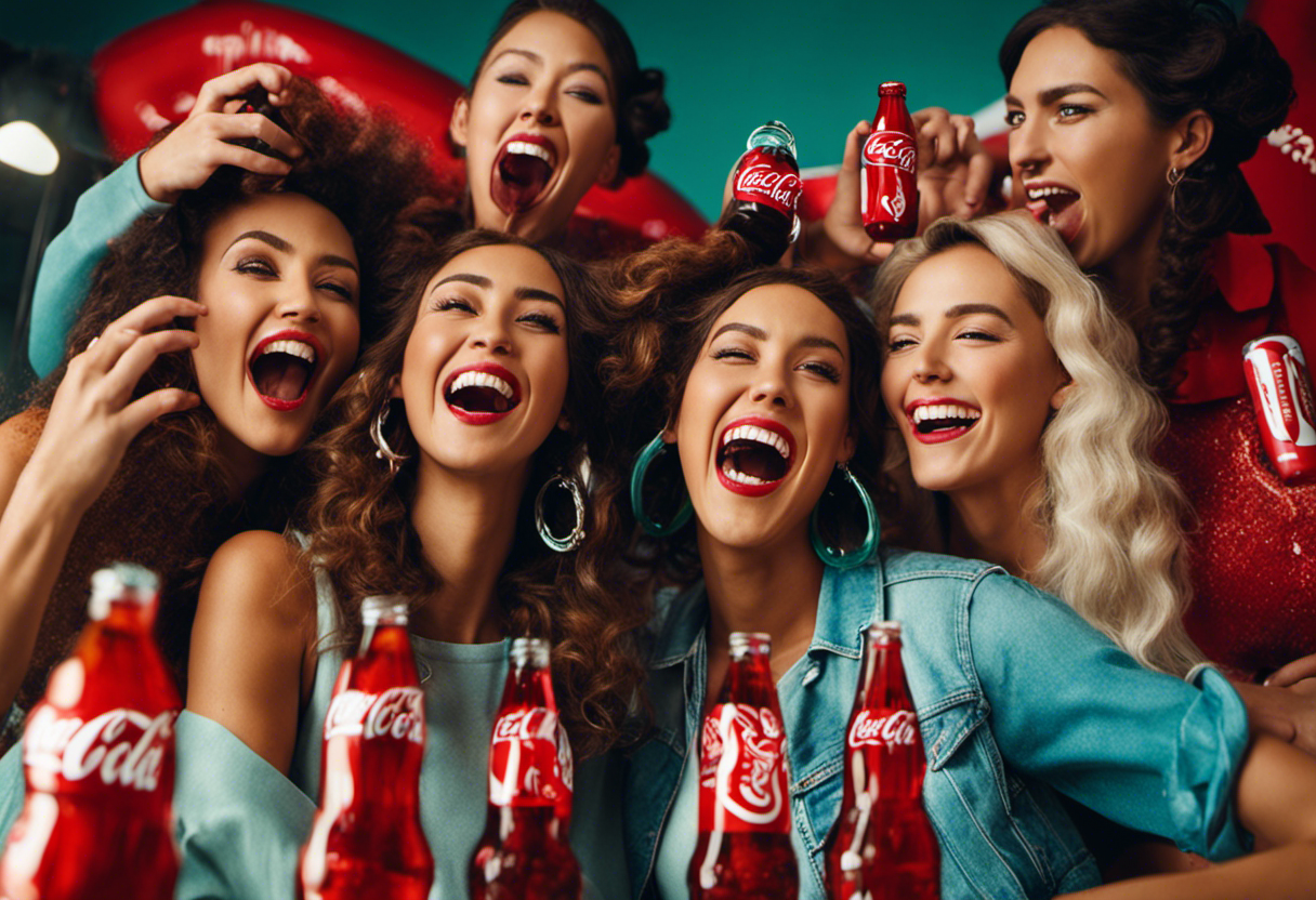 An image showcasing a group of friends laughing while styling their hair in crazy and creative ways using Coca-Cola bottles
