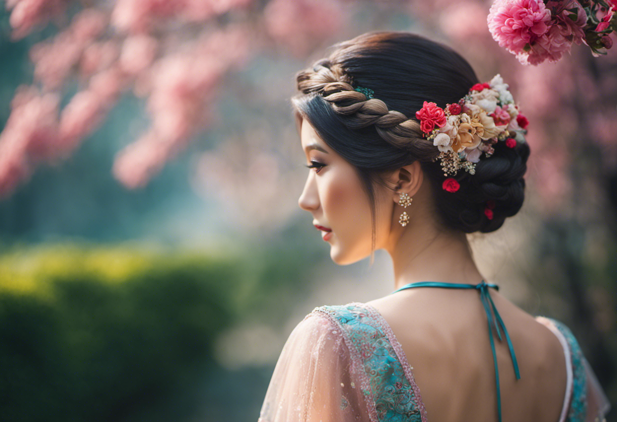 An image showcasing a stunning hairstyle for the Spring Festival: intricate braids adorned with vibrant flowers, perfectly blending nature's beauty and stylish elegance