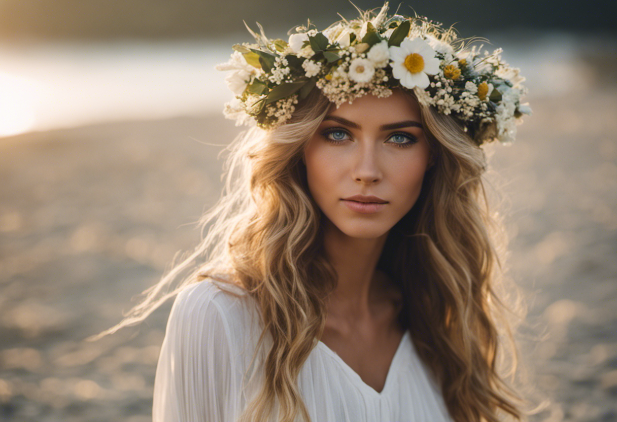 An image of a woman with tousled, salt-kissed hair, adorned with a delicate flower crown, as she effortlessly walks along a sandy beach, radiating a serene and carefree beauty that perfectly complements the external surroundings