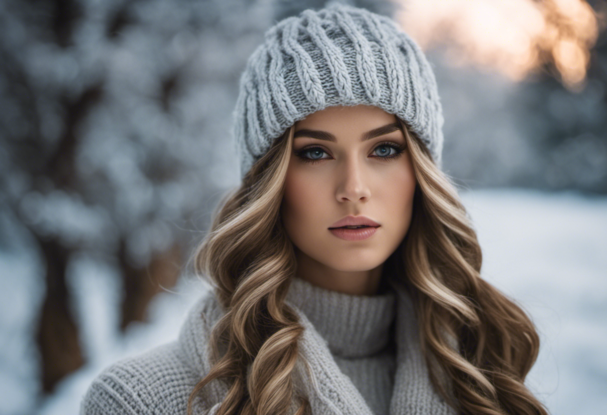 An image showcasing a model with a trendy winter hairstyle, featuring a cozy knit hat, elegant braids adorned with frost-inspired hair accessories, and loose waves cascading down her shoulders, offering both style and protection against the cold