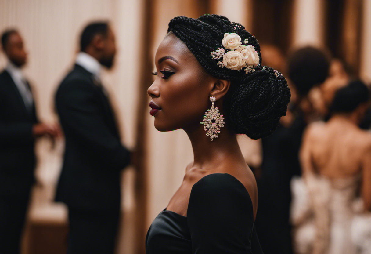 An image featuring a stunning black wedding guest with an elegant updo hairstyle, adorned with intricate braids and delicate floral accessories