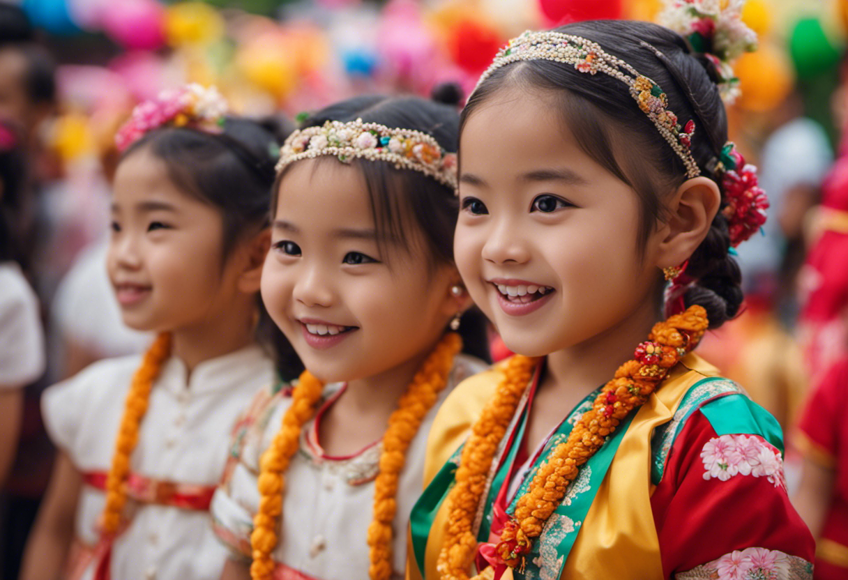 An image showcasing adorable children wearing traditional June festival hairstyles, with colorful ribbons, braids, and flower accessories, radiating joy and excitement amidst the festive celebrations