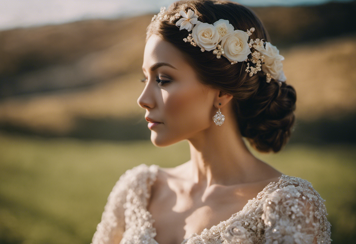An image showcasing elegant and respectful hairstyles for church, featuring intricate updos adorned with delicate flowers, soft curls cascading down, and modest yet sophisticated braids