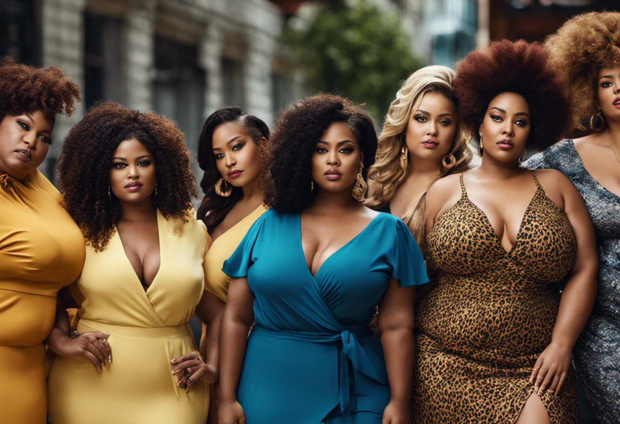 An image showcasing a diverse group of plus-size women with various hairstyles, exuding confidence and style