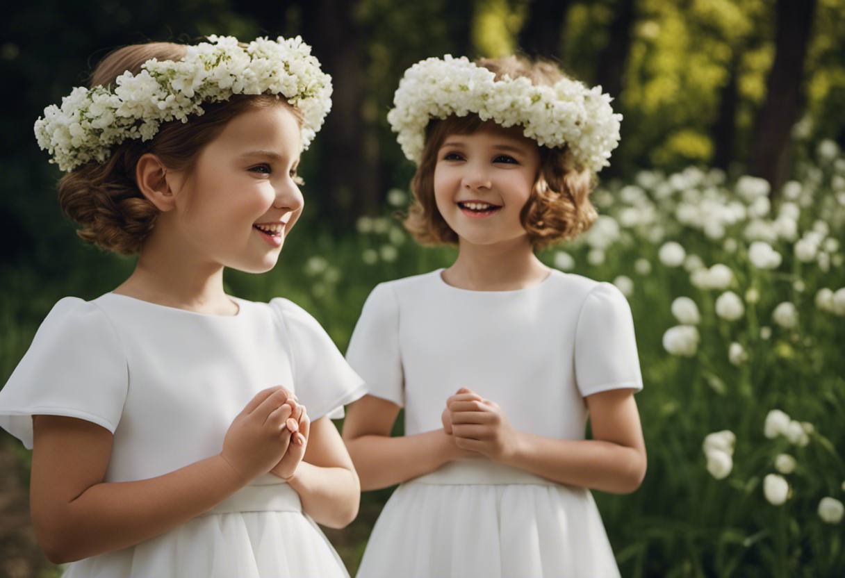 An image showcasing short-haired girls with delicate white flower crowns, their innocent faces radiating joy and purity as they celebrate their First Holy Communion