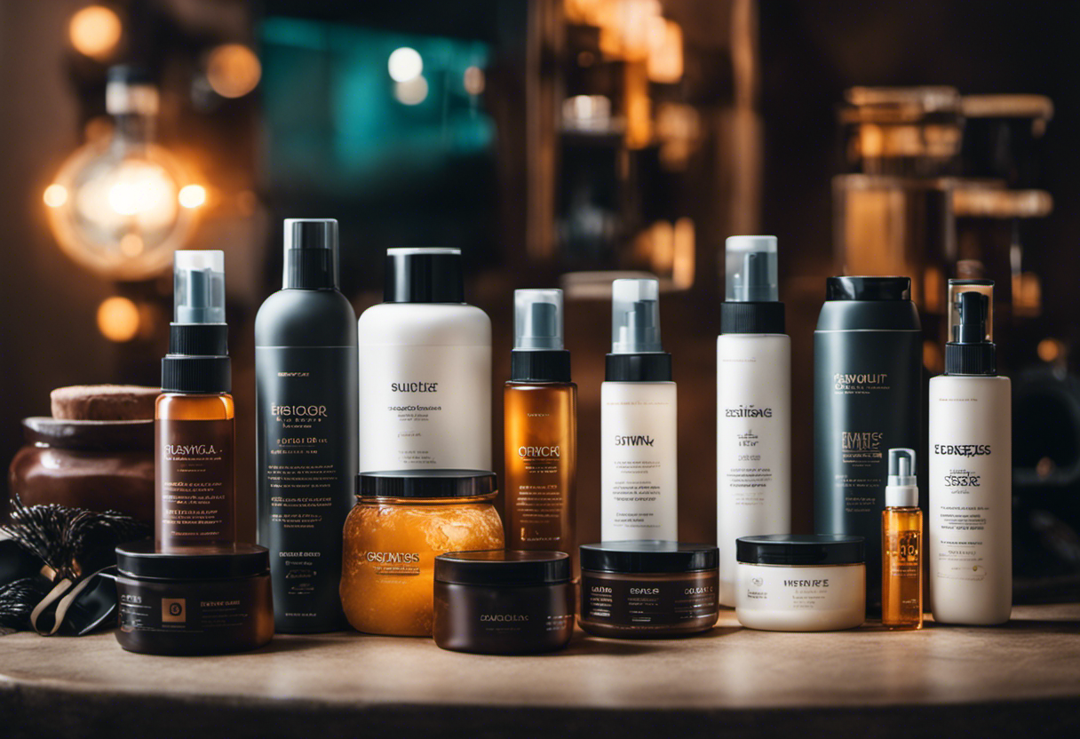 An image showcasing a variety of high-quality hair styling products, arranged in an aesthetically pleasing manner