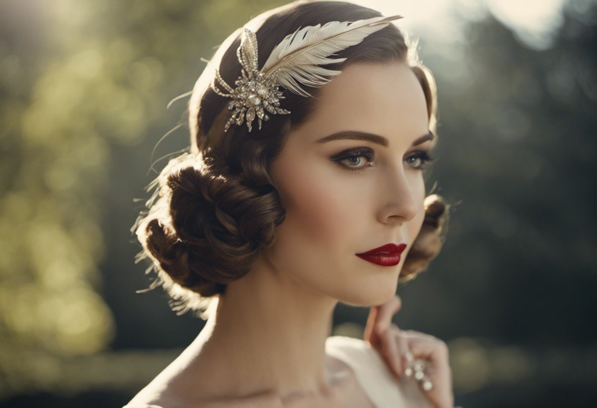 An image capturing the allure of 1930s hairstyles: a woman with sleek, finger-waved hair adorned with a feathered headpiece, exuding timeless elegance and a hint of glamorous sophistication