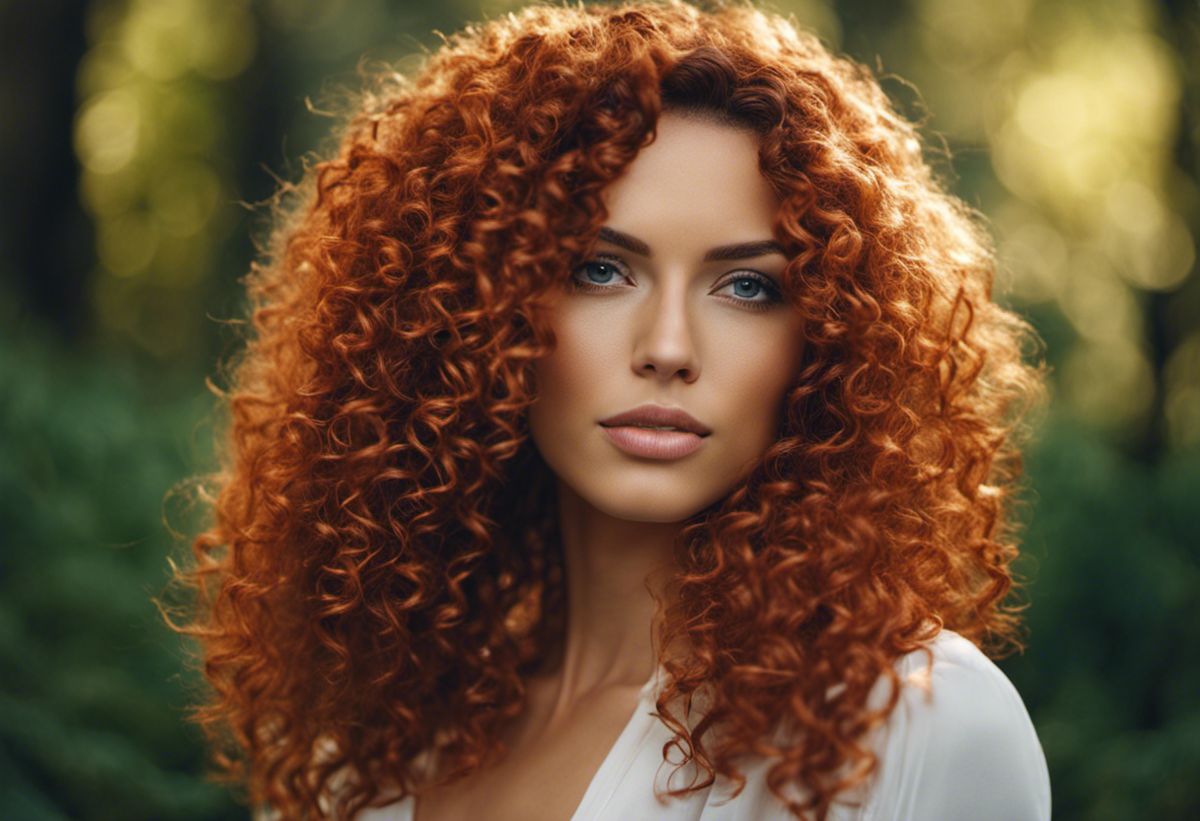 An image showcasing a beautiful, vibrant-haired woman with defined, luscious curls, demonstrating the use of the best leave-in conditioner for dry and curly hair