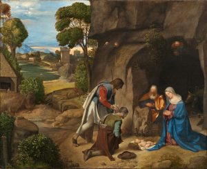 Pintura antiga da Natividade com pastores adorando o Menino Jesus