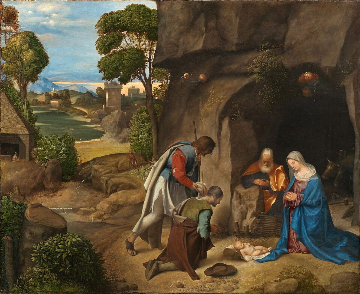 Pintura antiga da Natividade com pastores adorando o Menino Jesus