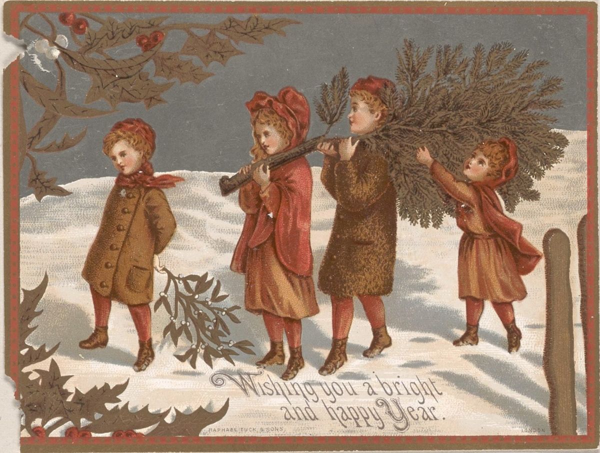 Cartão de Natal antigo ilustrado com crianças na neve
