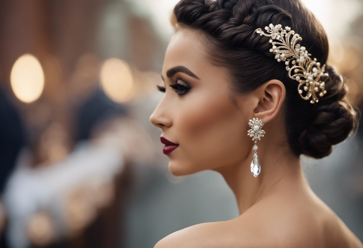 An image showcasing a sophisticated hairstyle adorned with a dazzling brooch