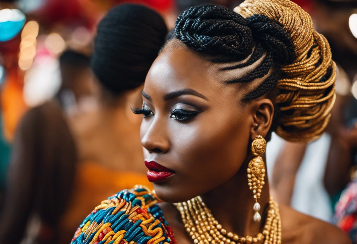 An image capturing the exquisite beauty of a Nagô braid hairstyle, intricately woven with cultural significance and intended for a wedding celebration