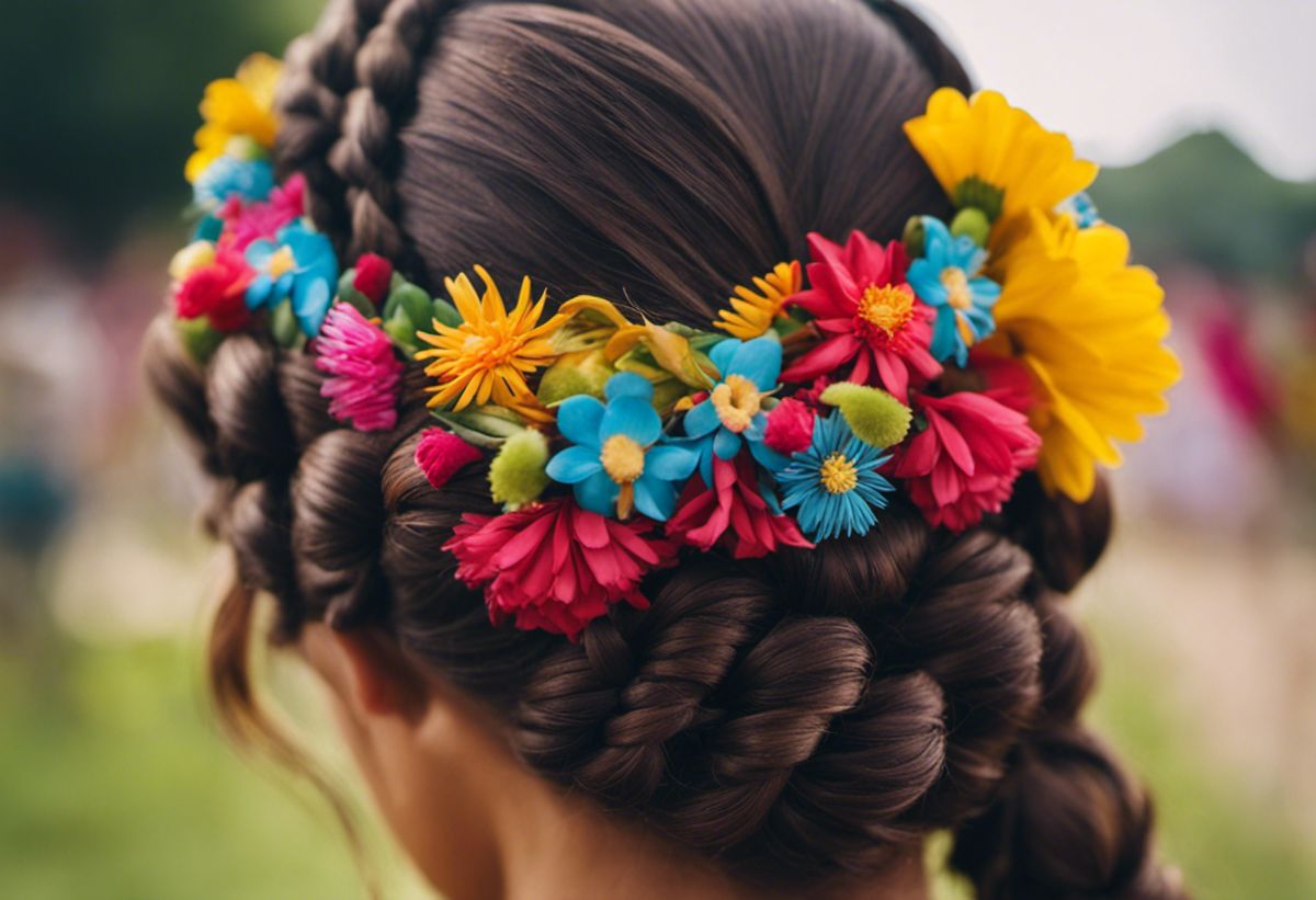 An image showcasing a beautifully intricate braided hairstyle for a traditional Festa Junina celebration