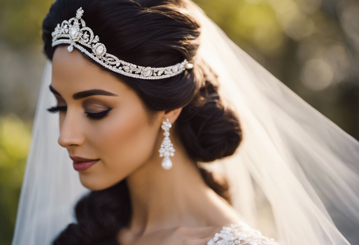 An image capturing the elegance of a bride with a tiara adorning her loose, flowing hair