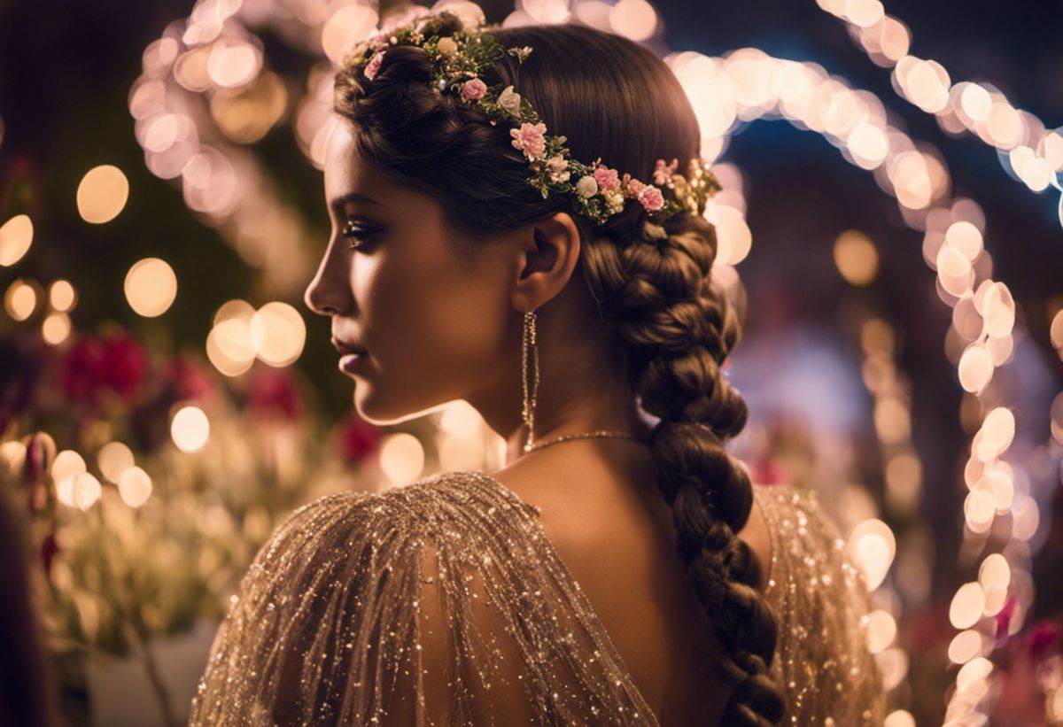 An image that captures the magical and radiant essence of Sininho's hairstyle, showcasing intricate braids adorned with shimmering flowers and sparkling fairy dust, evoking a whimsical and enchanting atmosphere