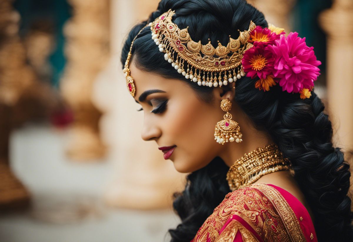 A captivating image showcasing the vibrant and intricate Indian hairstyle, adorned with exotic flowers, ornate jewelry, and traditional henna patterns, reflecting the cultural and mesmerizing beauty of Penteado Indiano
