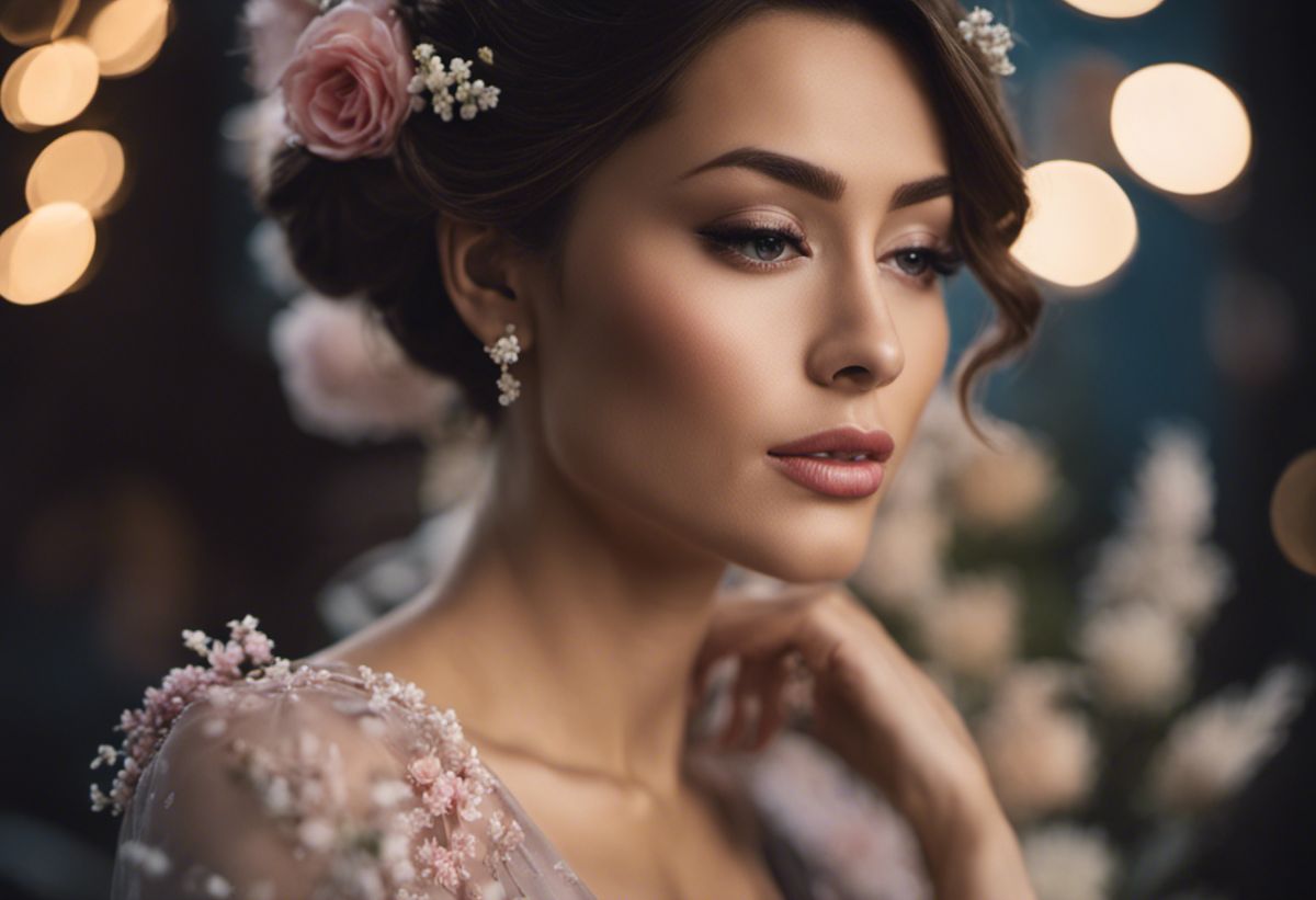 Ing image showcasing a beautiful woman wearing a floor-length dress with a deep V-neckline, her hair styled in an elegant updo adorned with delicate flowers, exuding sophistication and grace