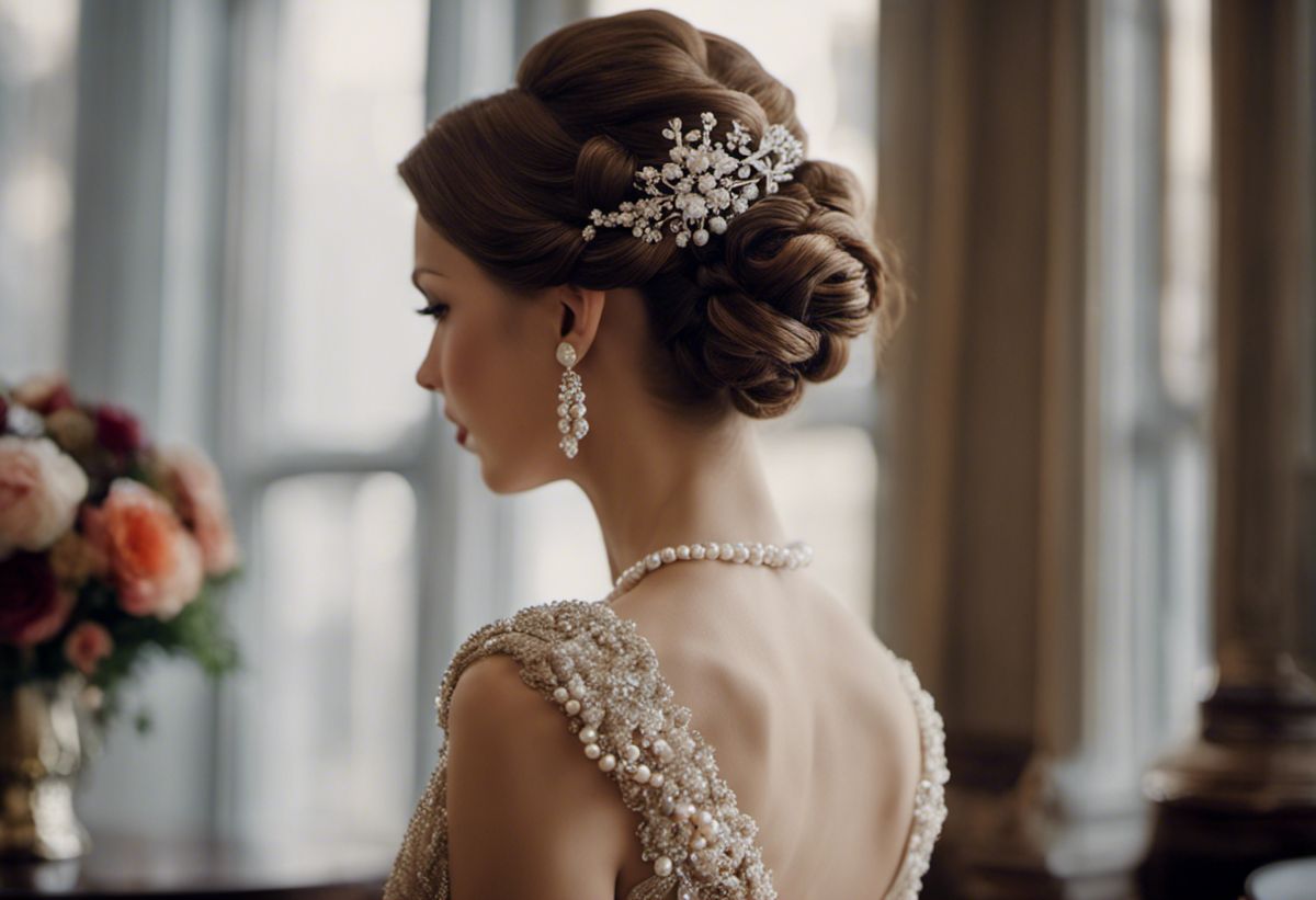 An image showcasing a classic and sophisticated hairstyle for high-necked dresses