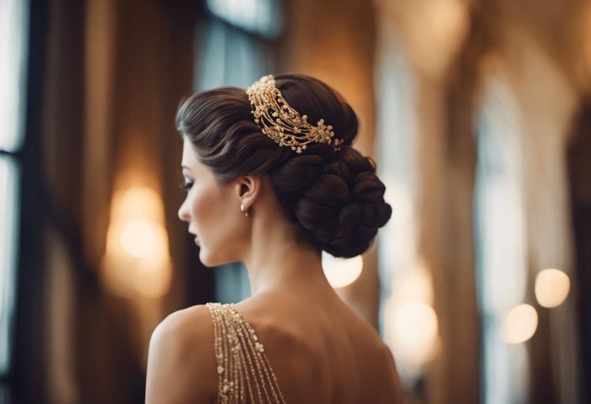 An image showcasing a stunning one-shoulder dress hairstyle: an elegant updo with intricate braids and delicate curls, perfectly complementing a special occasion look