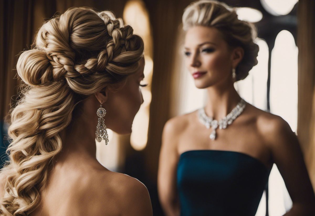 An image showcasing stunning hairstyles that perfectly complement strapless dresses