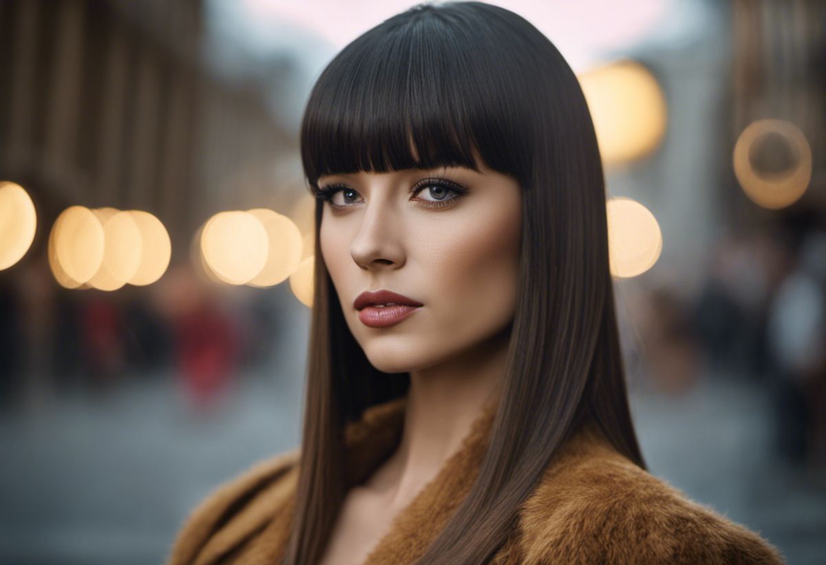 An image showcasing a woman with sleek straight hair and a stylish fringe, radiating charm and elegance