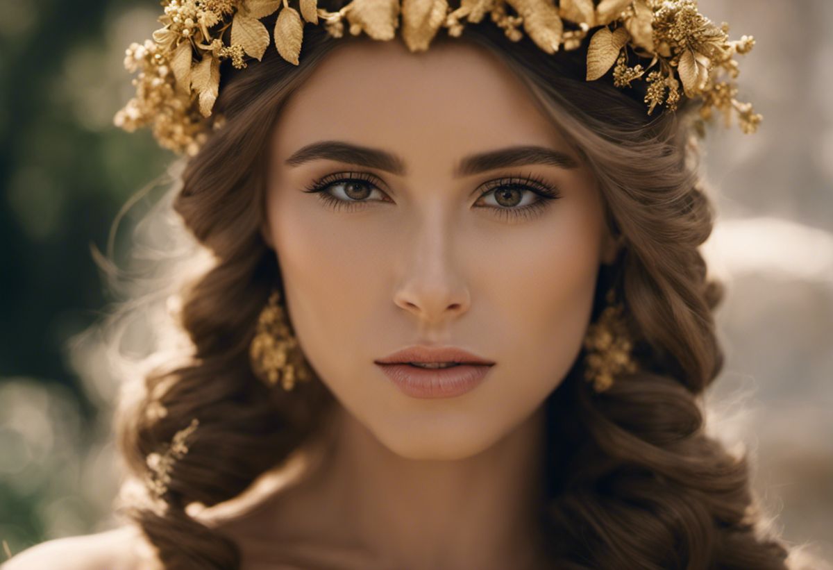 An image of an elegant Greek woman with flowing, intricately braided hair adorned with golden laurel wreaths and delicate flowers, capturing the timeless beauty and allure of ancient Greece