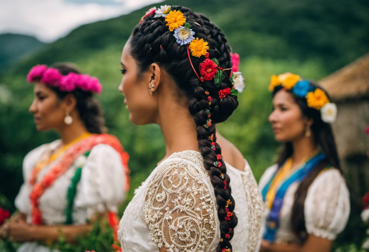 the essence of traditional Gaúcho hairstyles: intricate braids adorned with colorful ribbons and delicate flowers, reflecting the timeless elegance and cultural heritage of Rio Grande do Sul