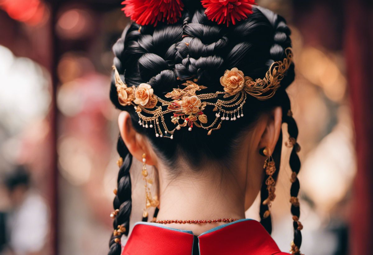 Create an image capturing the intricate beauty of Chinese traditional hairstyles, showcasing the exquisite braids, elaborate accessories, and cultural significance